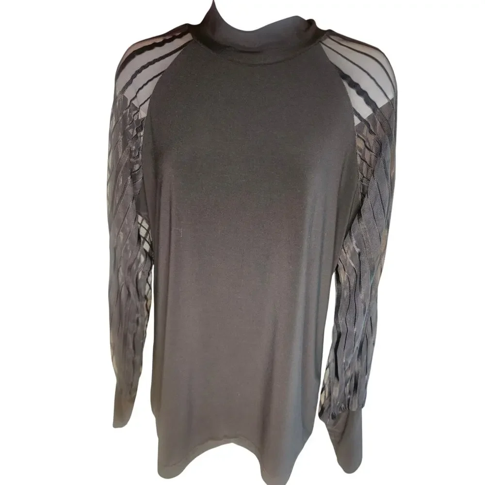 Joseph Ribkoff Black Striped Sheer sleeved Top Sz 14 US Solid cuffs - Picture 3 of 8